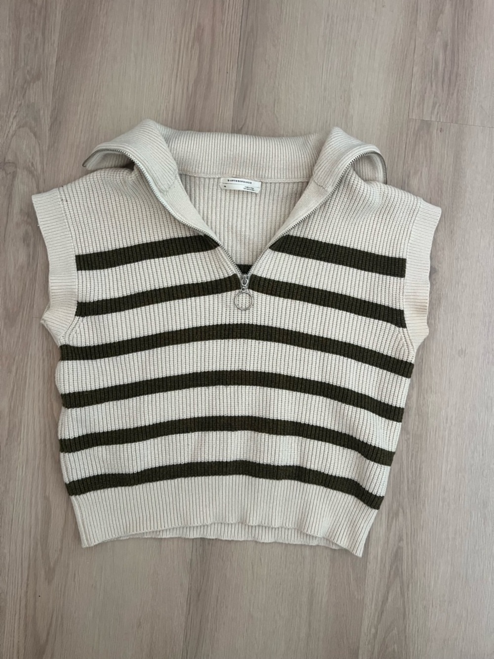 Anthropologie Knit Preppy Sweater Vest in Cream with Olive Stripes